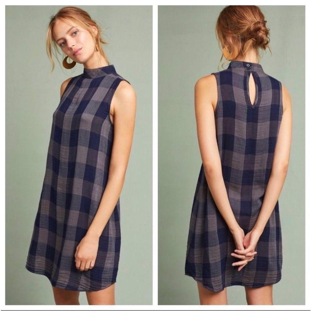 Anthropologie Cloth & Stone Navy Plaid Mini Swing Dress Spring Summer Boho